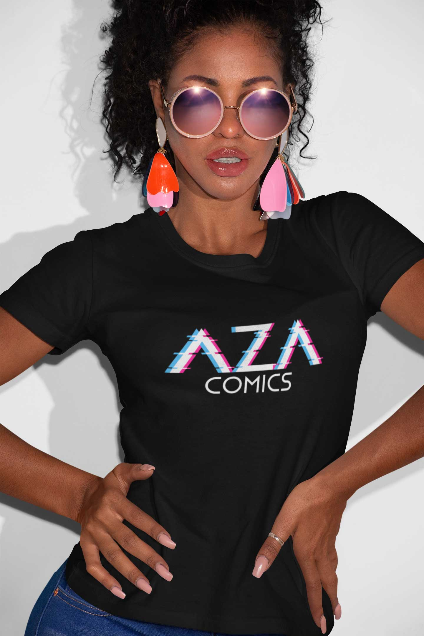 Aza Comics logo superhero glitch graphic tee
